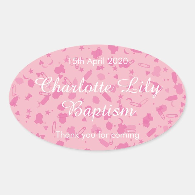 Baby Pink Confetti Baptism Christening Favour Oval Sticker (Front)