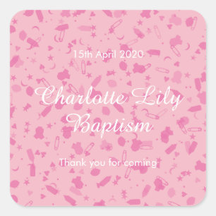 Baby Pink Confetti Baptism Christening Favour Square Sticker