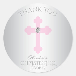 Baby Pink Cross Baptism/Christening Girl Thank You Classic Round Sticker