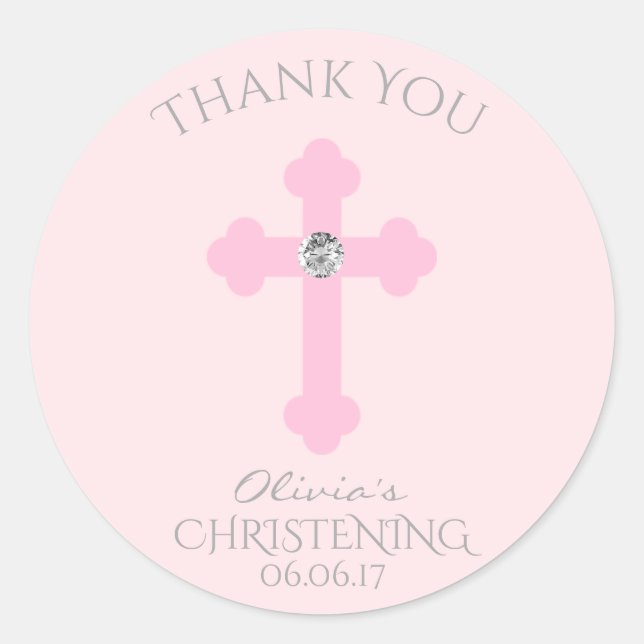 Baby Pink Cross Baptism/Christening Girl Thank You Classic Round Sticker (Front)