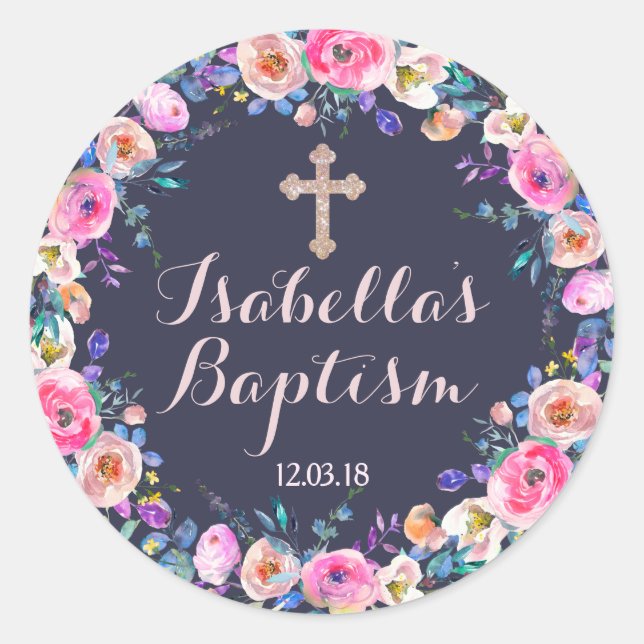 Baby Pink Cross Baptism/Christening Girl Thank You Classic Round Sticker (Front)