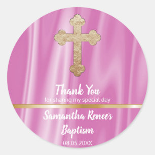 Baby Pink Cross Baptism Favour Girl Thank You Classic Round Sticker