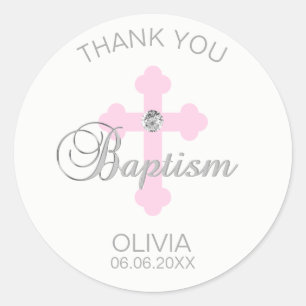 Baby Pink Cross Baptism Girl Thank You Classic Round Sticker