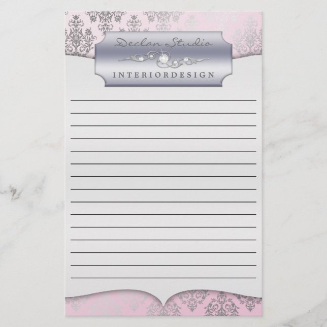 Baby Pink Dashing Damask Lined Business Stationary Stationery (Front)