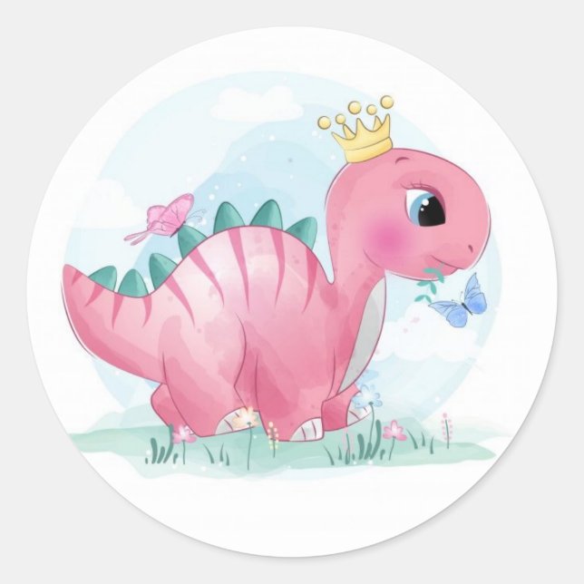 Baby Pink Dinosaur with Crown  Classic Round Sticker (Front)