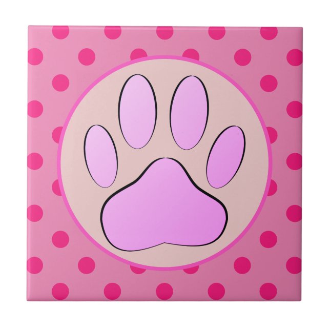 Baby Pink Dog Pawprint Polka Dots Round Frame Tile (Front)