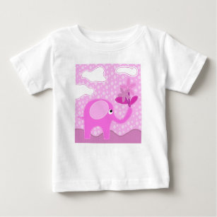 Baby Pink Elephant and Flowers Baby T-Shirt