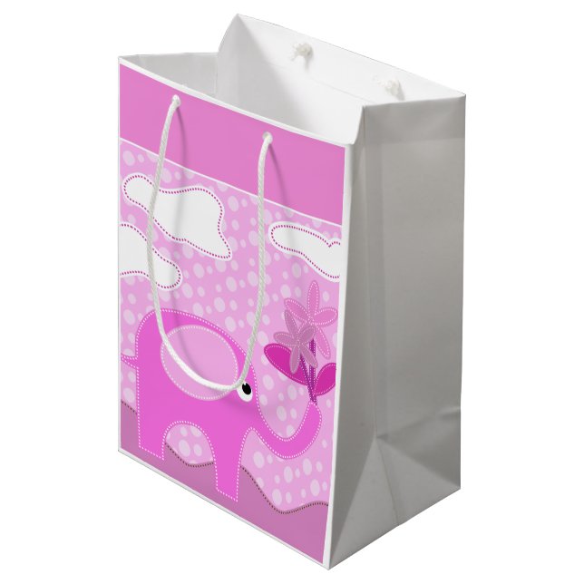 Baby Pink Elephant and Flowers Medium Gift Bag (Front Angled)