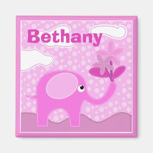 Baby Pink Elephant and Flowers Personalised Magnet