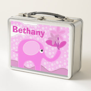 Baby Pink Elephant and Flowers Personalised Metal Lunch Box