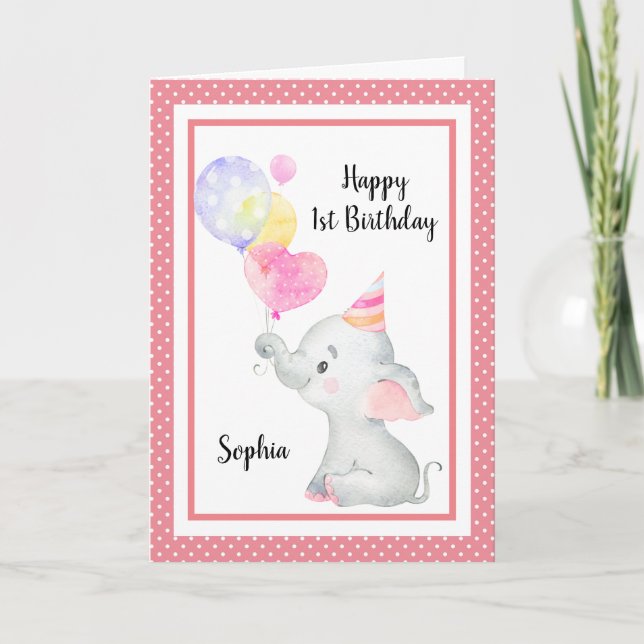 Baby Pink Elephant Cute Birthday Girl Custom Card (Front)