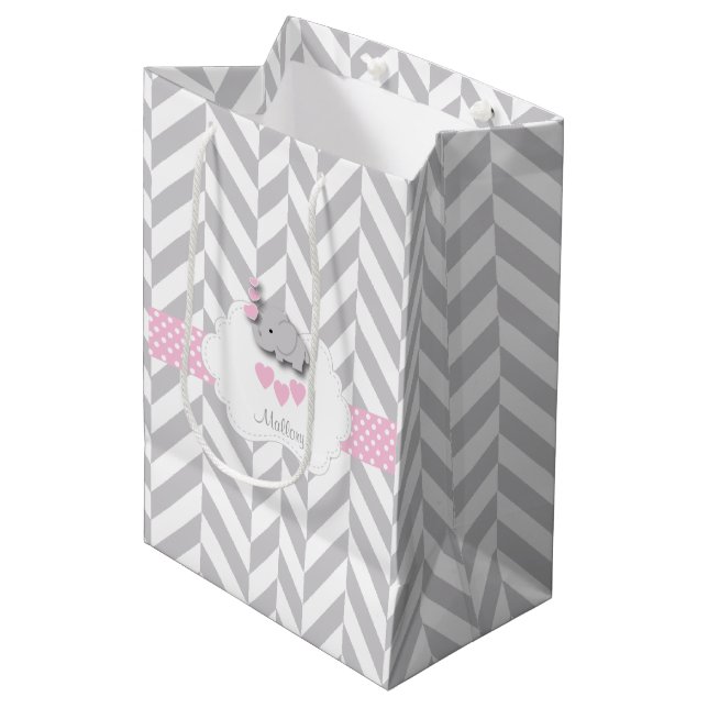 Baby Pink Elephant Design - Baby Girl Shower Medium Gift Bag (Front Angled)