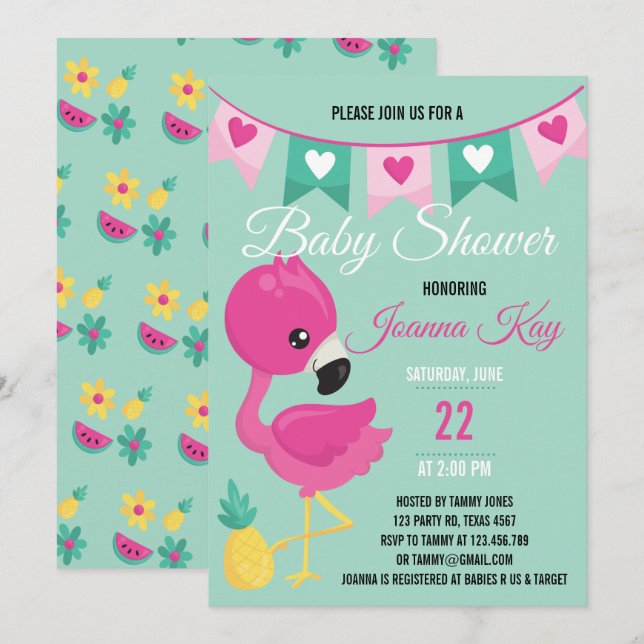 Baby Pink Flamingo Baby Shower Invitation (Front/Back)