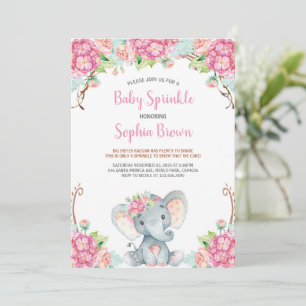 Baby Pink Floral Cute Elephant Girl Baby Shower Invitation