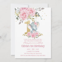Baby Pink Floral Cute Elephant One 1st Birthday