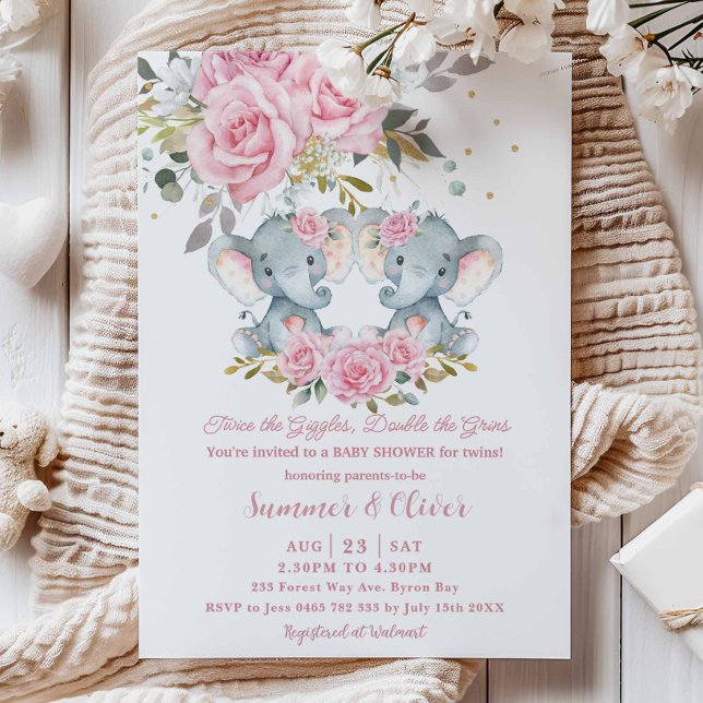 Baby Pink Floral Cute Elephants Twins Baby Shower Invitation (Creator Uploaded)