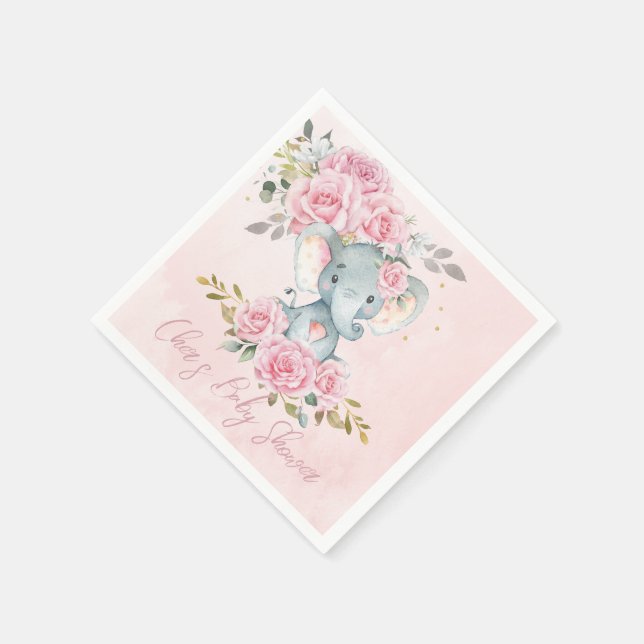 Baby Pink Floral Cute Elephants Twins Baby Shower Napkin (Corner)