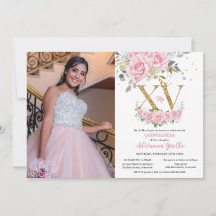 Baby Pink Floral Gold XV Quinceañera Quince Photo Invitation