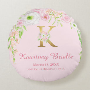 Baby Pink Floral Monogram Baby Stats Round Cushion