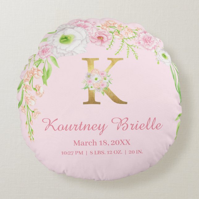 Baby Pink Floral Monogram Baby Stats Round Cushion (Front)