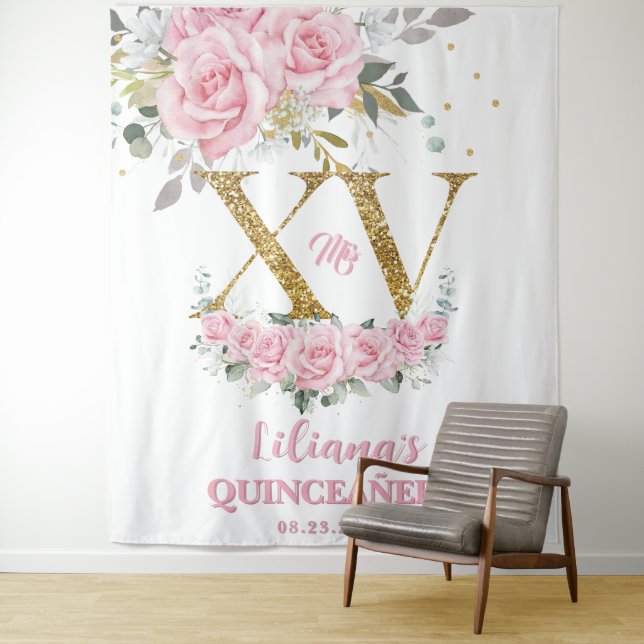 Baby Pink Floral XV QUINCEAÑERA Quince 15 Backdrop Tapestry (In Situ)