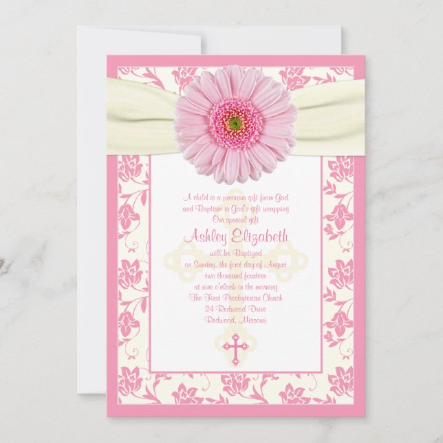 Baby Pink Gerbera Ivory Baptism Invitation (Front)