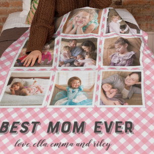 Baby Pink Gingham Best Mum Ever Photo Collage Fleece Blanket