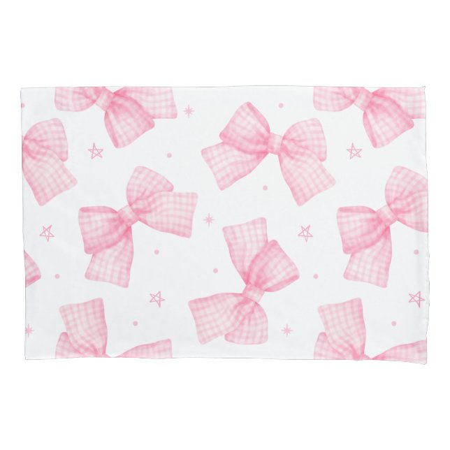 Baby Pink gingham Bows and Stars Pillowcase (Front)