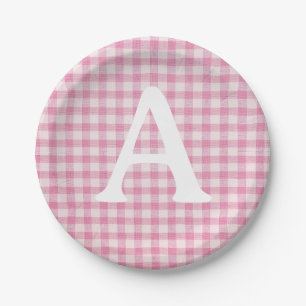 Baby Pink Gingham Custom Initial Paper Plate