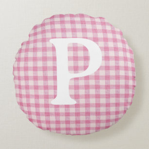 Baby Pink Gingham Initial Custom Round Cushion