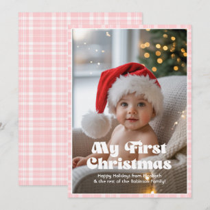 Baby Pink Gingham My First Christmas Baby Holiday Card