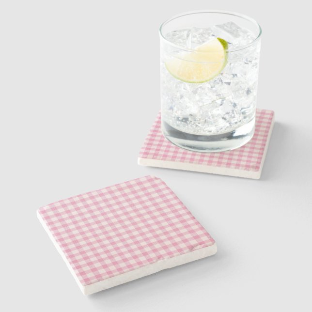 Baby Pink Gingham Pattern Stone Coaster (Side)