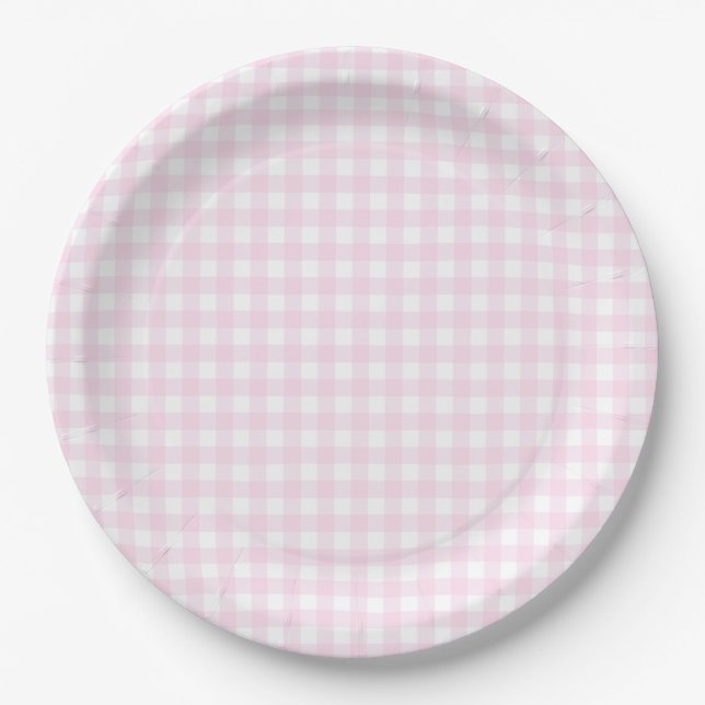 Baby Pink Gingham Plaid Paper Plate (Front)
