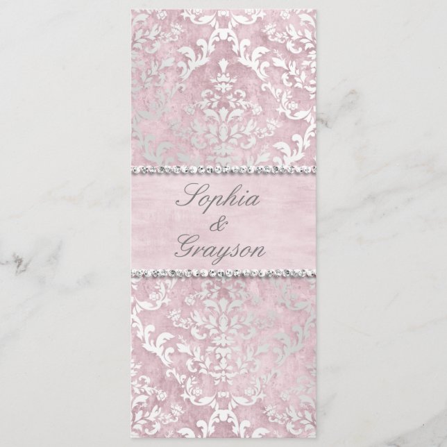 Baby Pink Glimmer Damask Wedding Menu (Front)