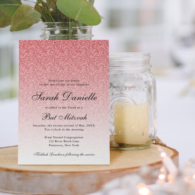Baby Pink Glitter Glam Bat Mitzvah Invitation (Creator Uploaded)
