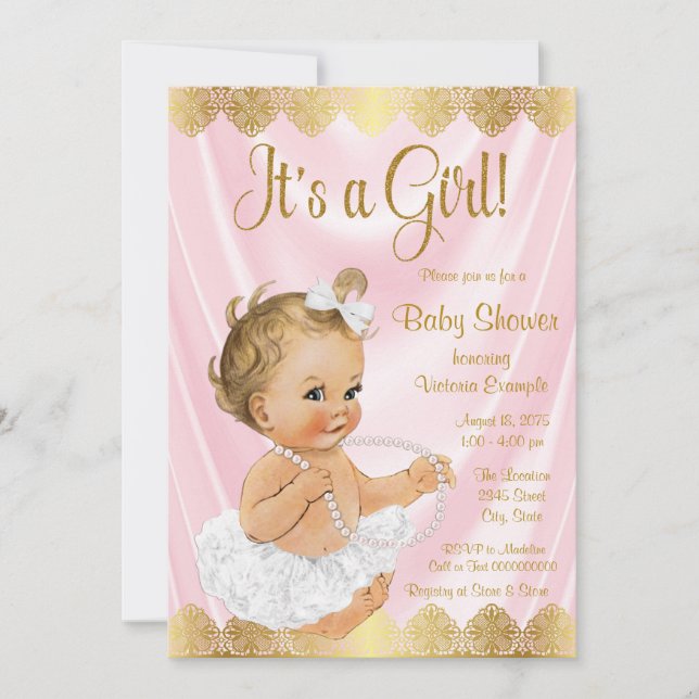 Baby Pink Gold Tutu Pearl Baby Shower Invitation (Front)