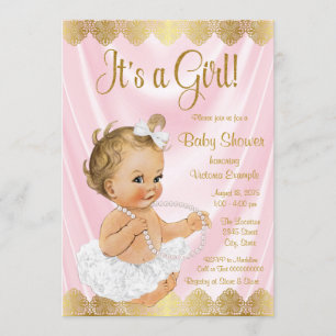 Baby Pink Gold Tutu Pearl Baby Shower Invitation