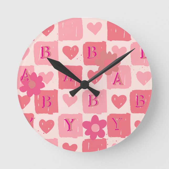 Baby pink heart  round clock (Front)