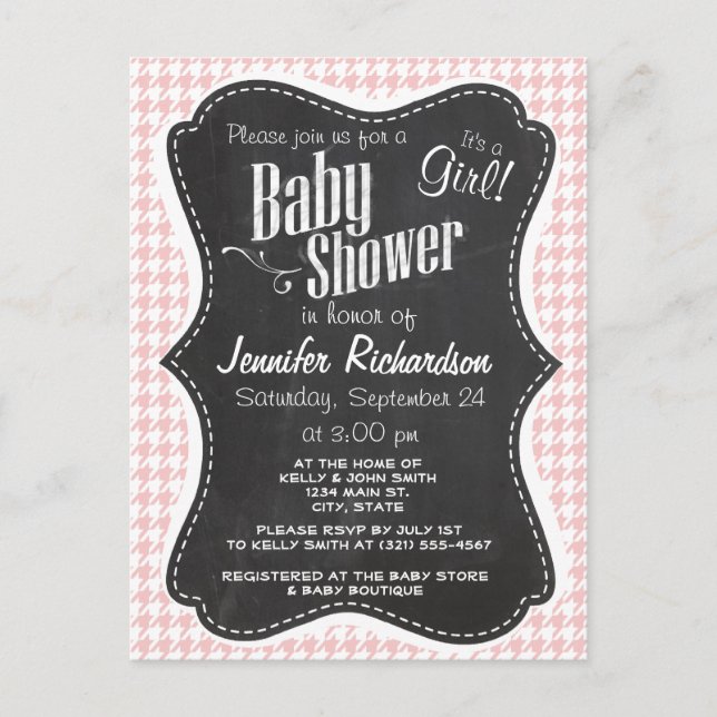 Baby Pink Houndstooth; Retro Chalkboard look Invitation Postcard (Front)