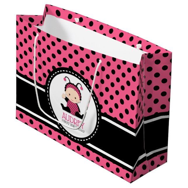 Baby Pink Ladybug First Birthday Baby Shower Large Gift Bag (Front Angled)