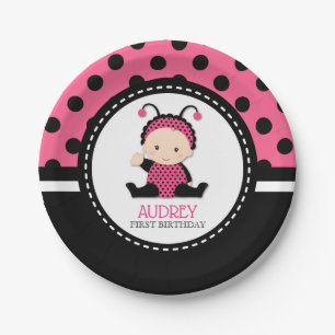 Baby Pink Ladybug First Birthday Baby Shower Paper Plate