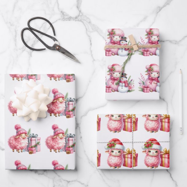 Baby Pink Lambs Christmas Kids Wrapping Paper Sheet (Front)