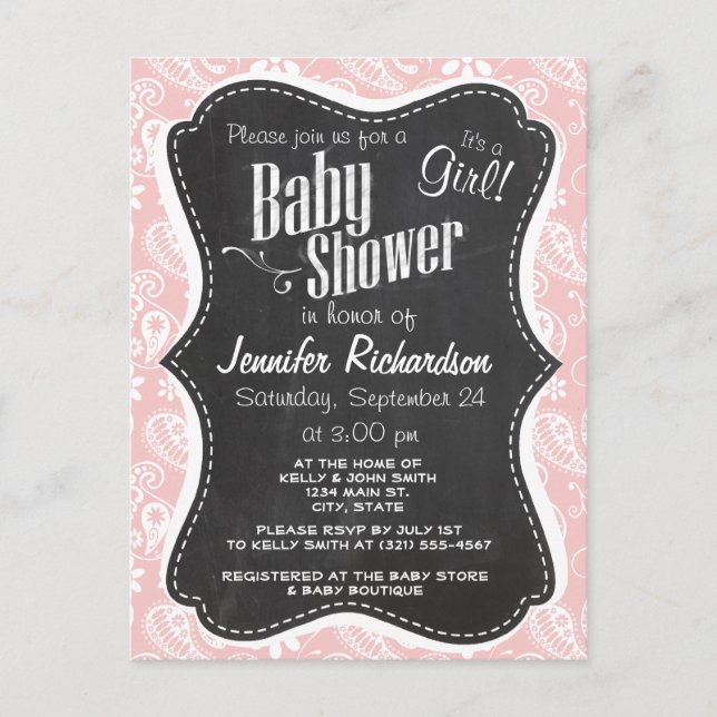 Baby Pink Paisley; Vintage Chalkboard look Invitation Postcard (Front)