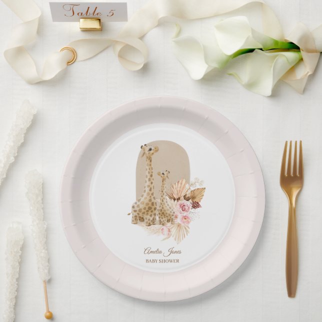 Baby Pink Pampas Grass Giraffe Baby Shower  Paper Plate (Wedding)