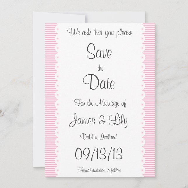 Baby Pink Pinstripes Save The Date Notice (Front)
