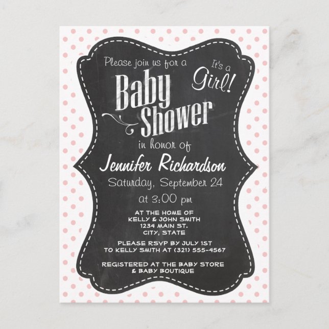 Baby Pink Polka Dots; Chalkboard Invitation Postcard (Front)