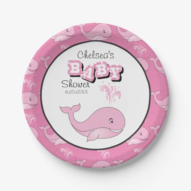 Baby Pink Polka Dotted Whale | Personalise Paper Plate (Front)