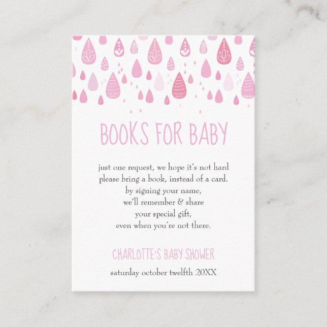 Baby pink raindrops Book Request Baby Shower Enclosure Card (Front)