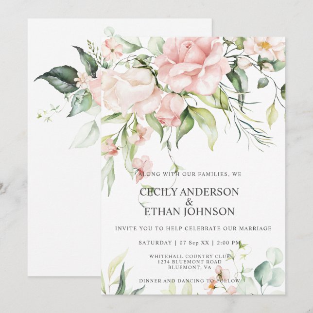 Baby Pink Roses and Eucalyptus Greenery Wedding Invitation (Front/Back)