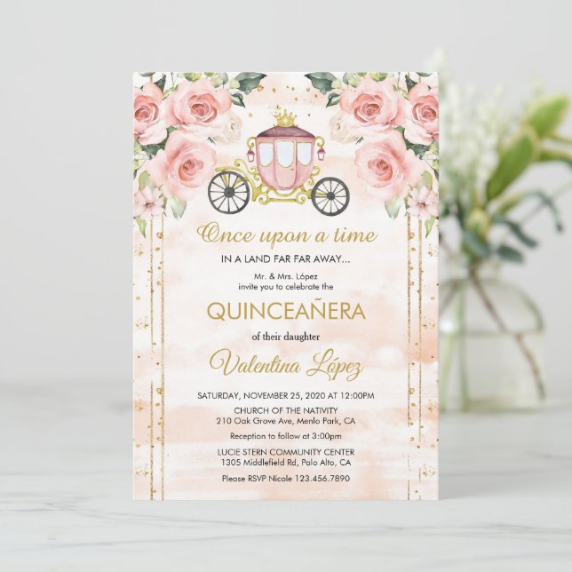 Baby Pink Roses Princess Cinderella Quinceañera Invitation (Standing Front)